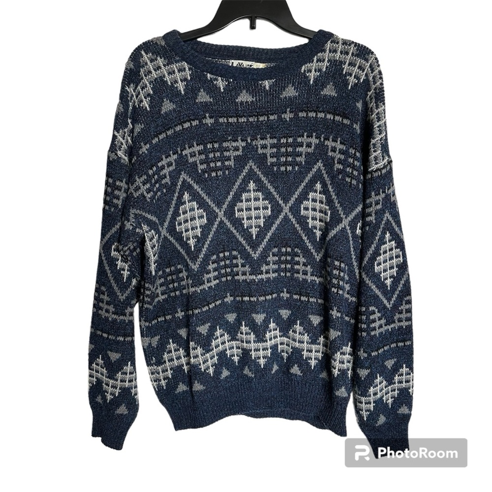Vintage Lavane New York Sweater Navy Blue Gray Diamond Mens L Pullover Crew